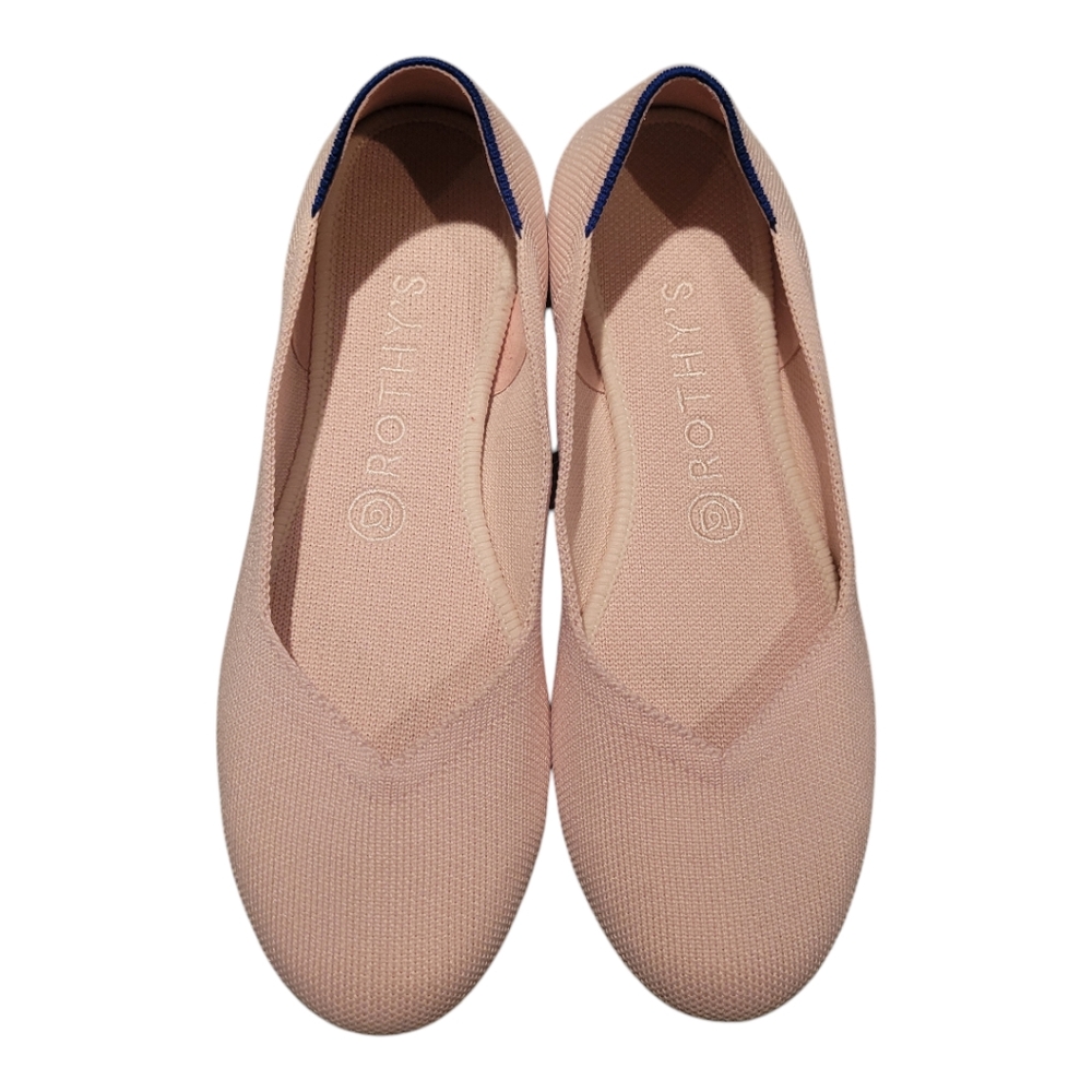 Rothy's Blush Pink Pointed-Toe Flats with Navy Trim